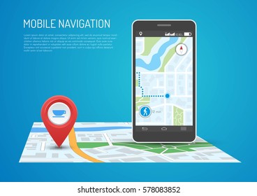 Vector illustration of smartphone with mobile navigation app on screen. Route map with symbols showing location of man. Global Positioning System concept design element in flat style.
