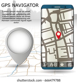 Vector illustration of smartphone with mobile navigation app on screen. Route map with symbols showing location of man