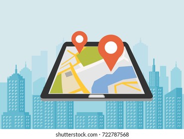 Vector illustration of smartphone with mobile navigation app on screen. Global Positioning System. GPS