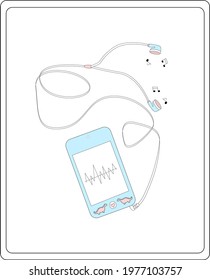 Vector illustration of a smartphone or mp3 player with dinosaur stickers playing music with old fashion earphones. Cute pastel design. Good for blog articles, magazines, books, websites and more