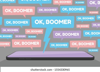 Vector Illustration Of Smartphone And Multiple OK Boomer Chat Bubbles Represents Social Media Conflict Between Baby Boomers And Younger Generation Z And Millennials, Ignited By Popular Memes.