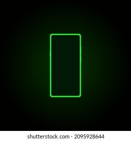 Vector illustration of a smartphone with neon green effect on a dark background. Neon objects in outline style. For registration of promotions