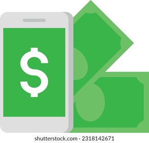 Vector illustration of a smartphone next to money. Banknotes and dollar symbol. Generate money online. Electronic transfers and management of savings and bank accounts. Internet ventures. Purchases.