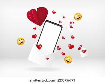 Vector illustration smartphone on air balloon coming out postal envelope with flying hearts, happy emoji. Empty white screen. Social network, mobile device concept. Graphic for websites web banner