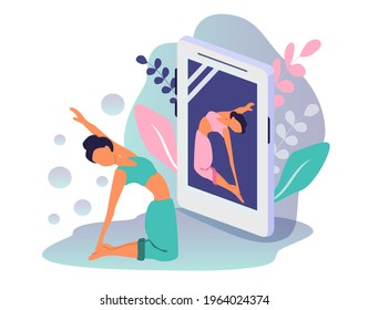 vector illustration - a smartphone on the screen of which the girl is engaged in yoga. online yoga, sports on the Internet. trending flat illustration for websites, magazines, applications
