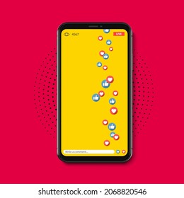 vector illustration smartphone with online live streaming, video player interface and full of positive feedbacks, like, love icons, concept of social media on red background 
