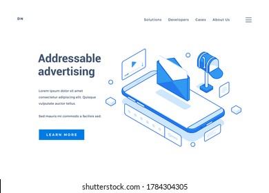 Vector illustration of smartphone with opened email and video near description and link button on banner of addressable advertising service. Isometric web banner, landing page template