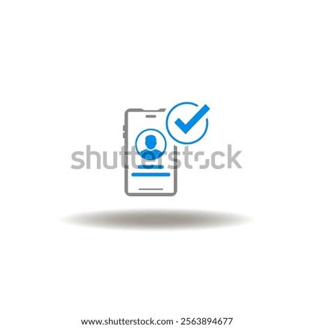 Vector illustration of smartphone  with person login account and check mark. Symbol of register now. Icon of new account registration.