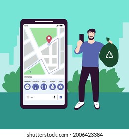 The vector illustration of a smartphone with plogging app and a man with a trash bag. The man makes a selfie after plogging. The activity dashboard on a smartphone during the plogging.