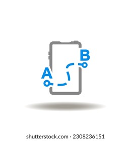 Vector illustration of smartphone and road way on map. Icon of gps navigation and tracking. Symbol of route planning in the smartphone application.