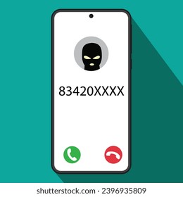 Vector illustration of smartphone, scam, cyber crime, internet crime, hoax and fraud. Concept of Cheating, Pranks, or Scams. Fraud People Makes Suspicious Call from Unknown Number on Smartphone.