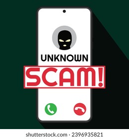 Vector illustration of smartphone, scam, cyber crime, internet crime, hoax and fraud. Concept of Cheating, Pranks, or Scams. Fraud People Makes Suspicious Call from Unknown Number on Smartphone.