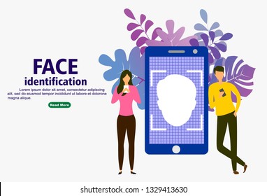Vector illustration of smartphone scans a person face. Flat concept of young man using mobile app for facial recognition. Biometric identification. - Vector
