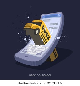 Vector illustration of smartphone with school bus with inscription back to school