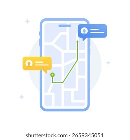 vector Illustration of a smartphone screen displaying a map interface with location indicators and message icons, representing navigation, communication, and route planning features.