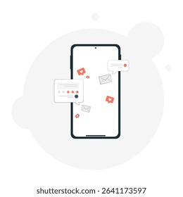 Vector illustration of a smartphone screen filled with reviews, message bubbles, and like icons. Perfect for online rating and communication-related visuals.