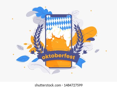 Vector illustration of the smartphone screen with the image of beer, wheat ears, ribbon with the inscription Oktoberfest