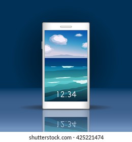 Vector illustration. Smartphone screen with sea landscape. Smartphone mockup with login screen in trendy flat style. Vertical format for mobile phone screen. Natural vector background.