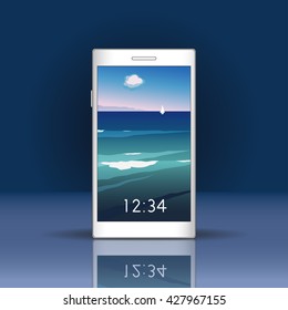 Vector illustration. Smartphone screen with sea landscape. Smartphone mockup with login screen in trendy flat style. Vertical format for mobile phone screen. Natural vector background.