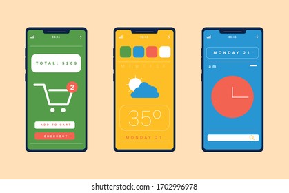  Ilustración vectorial. Pantallas de teléfono inteligente con diferentes aplicaciones móviles. Concepto tecnológico.