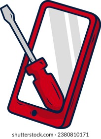 Vector illustration of smartphone and screwdriver. Mobile phone repair and service business logo