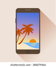Vector illustration of smartphone with sea landscape and palms
