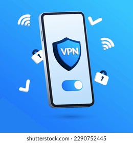 Vector illustration of a smartphone with a shield, padlock and check symbol, representing secure network and data protection. Privacy and safety on the internet using VPN.