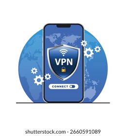 Vector illustration of a smartphone with a shield, padlock and check symbol, representing secure network and data protection. Privacy and safety on the internet using VPN.