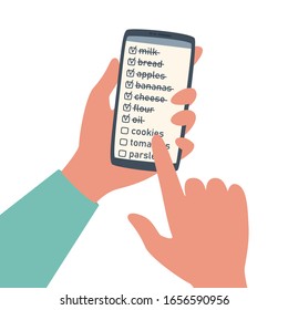 Vector illustration smartphone and shopping list. Flat illustration of a phone in hands Isolated on a white background.