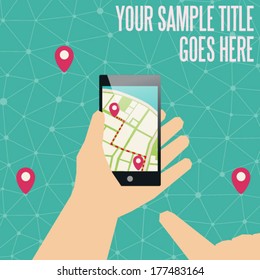 Vector illustration of the smartphone in someone's hand, while searching on a map.