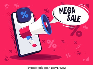 Vector illustration of a smartphone with a speaker, a cloud with the text mega sale