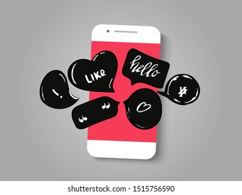 Vector illustration smartphone with speech bubbles get message on screen. Social network and mobile device concept. Graphic for websites, web banner.