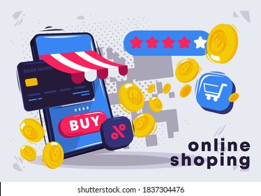 Vector illustration of a smartphone from a street tent store, online shopping with your phone, buy online, buy buttons in the store, gold coins, Bank card in your phone