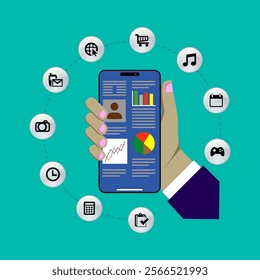 Vector illustration of a smartphone surrounded by utility icons representing mobile functions such as email, call, navigation, messaging, calendar, music, camera, shopping, and more.