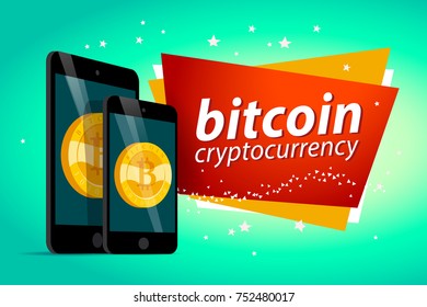 Vector illustration with smartphone and tablet having golden coin with bitcoin emblem on its screen isolated on green background. Mobile device and cryptocurrency symbol. Digital money and gadget pic.