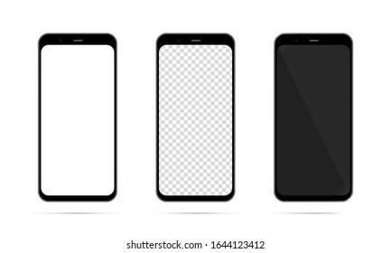 A vector illustration of a smartphone template set for you. The new smartphone model. A smartphone with a white screen, with transparent and black.