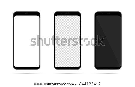 A vector illustration of a smartphone template set for you. The new smartphone model. A smartphone with a white screen, with transparent and black.