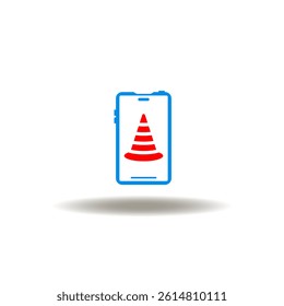 Vector illustration of smartphone and traffic cone. Symbol of mobile devices and phones maintenance.