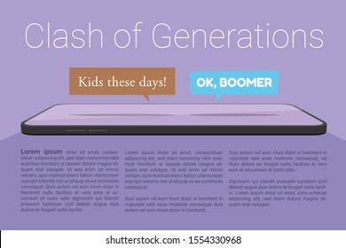 Vector illustration of smartphone and two chat bubbles, OK Boomer and Kids these day, represents social media conflict between baby boomers and younger generations. Headline reads Clash of Generations