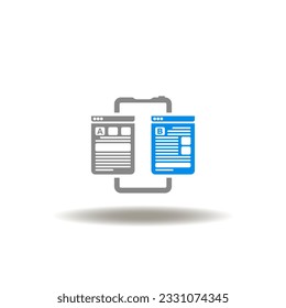 Vector illustration of smartphone with version of websites A and B. Icon of A B testing. Symbol of AB mobile software, apps, website test.