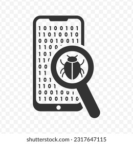 Vector illustration of smartphone virus search icon in dark color and transparent background(PNG).