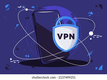 vector illustration of a smartphone with a VPN connection shield on the internet