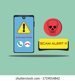 Vektorgrafik eines Smartphones mit einer Warnmeldung und Betrugswarnung und einem Schädel. Betrügereien, Phishing und Betrügereien für Smartphone-Benutzer. 