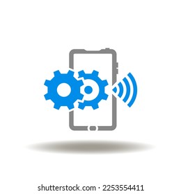 Vector illustration of smartphone with wireless signal and gears mechanism. Icon of system settings. Symbol of mobile phone communication technology. Sign of 5G and WI-FI 6 tech.