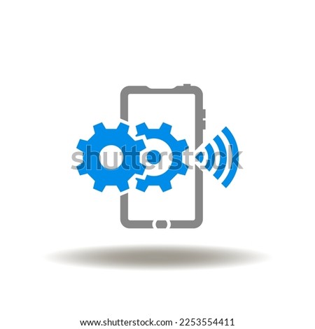 Vector illustration of smartphone with wireless signal and gears mechanism. Icon of system settings. Symbol of mobile phone communication technology. Sign of 5G and WI-FI 6 tech.