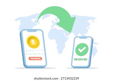 Ilustración vectorial de un teléfono inteligente con un mapa mundial, que simboliza las transferencias de dinero a nivel mundial y las transacciones internacionales sin problemas a través de App móviles. Ilustración vectorial plana sobre un fondo blanco.