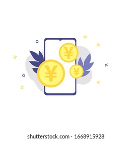Vector illustration of smartphone with yen or yuan coins.  Online shopping, shopping app, exchange money concept. Smartphone online payments