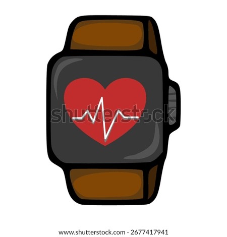 A vector illustration of a smartwatch with a brown leather strap, displaying a red heart with a heartbeat monitor graphic, symbolizing health and fitness tracking technology.