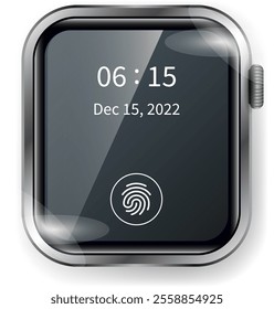 A vector illustration of a smartwatch face user interface featuring a digital time display reading