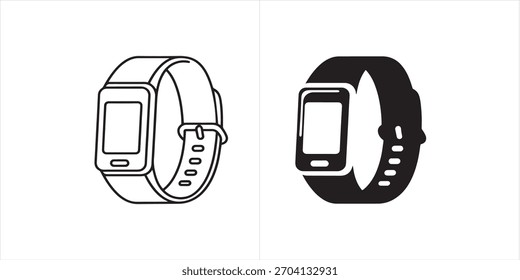 Uma ilustração vetorial de um conjunto de ícones de smartwatch. O conjunto inclui uma arte de linha e uma versão em preto sólido. Os ícones são isolados em um fundo branco. Estilo e design modernos.